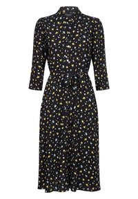 Abito nero con maniche a tre quarti, motivo floreale giallo e blu, chiusura con bottoni, vita cinchata con una cintura coordinata.