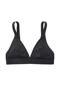 Musta kolmion muotoinen bralette, joka on valmistettu sileästä kankaasta. Sisältää ohuet säätömahdolliset hihnat ja leveän tuen antavan vyön alaosassa.