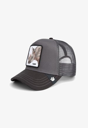Sivi trucker kapica s mrežastim stražnjim dijelom, zakrivljenim vizirima, bijelim kvadratnim flasterom s ilustracijom nosoroga i tekstom "TUFF". Okitjena crnim šavovima.