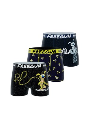 Trois paires de boxers pour hommes avec des ceintures "FREEGUN", mettant en vedette des personnages de chiens de cartoon et des designs ludiques en couleurs noire et marine.