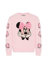 Jasnoróżowy sweter z haftowanym wzorem Minnie Mouse z przodu oraz różową kokardką. Czarno-różowe wzory na rękawach.