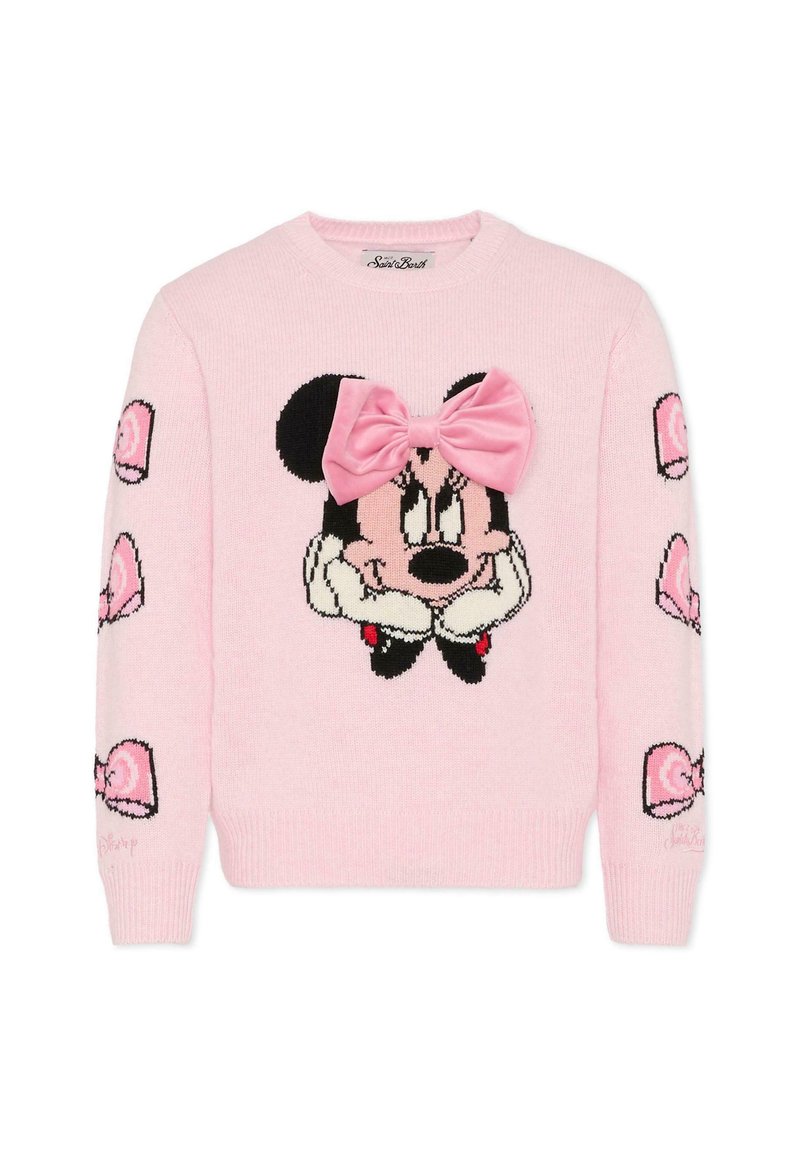 Jasnoróżowy sweter z haftowanym wzorem Minnie Mouse z przodu oraz różową kokardką. Czarno-różowe wzory na rękawach.