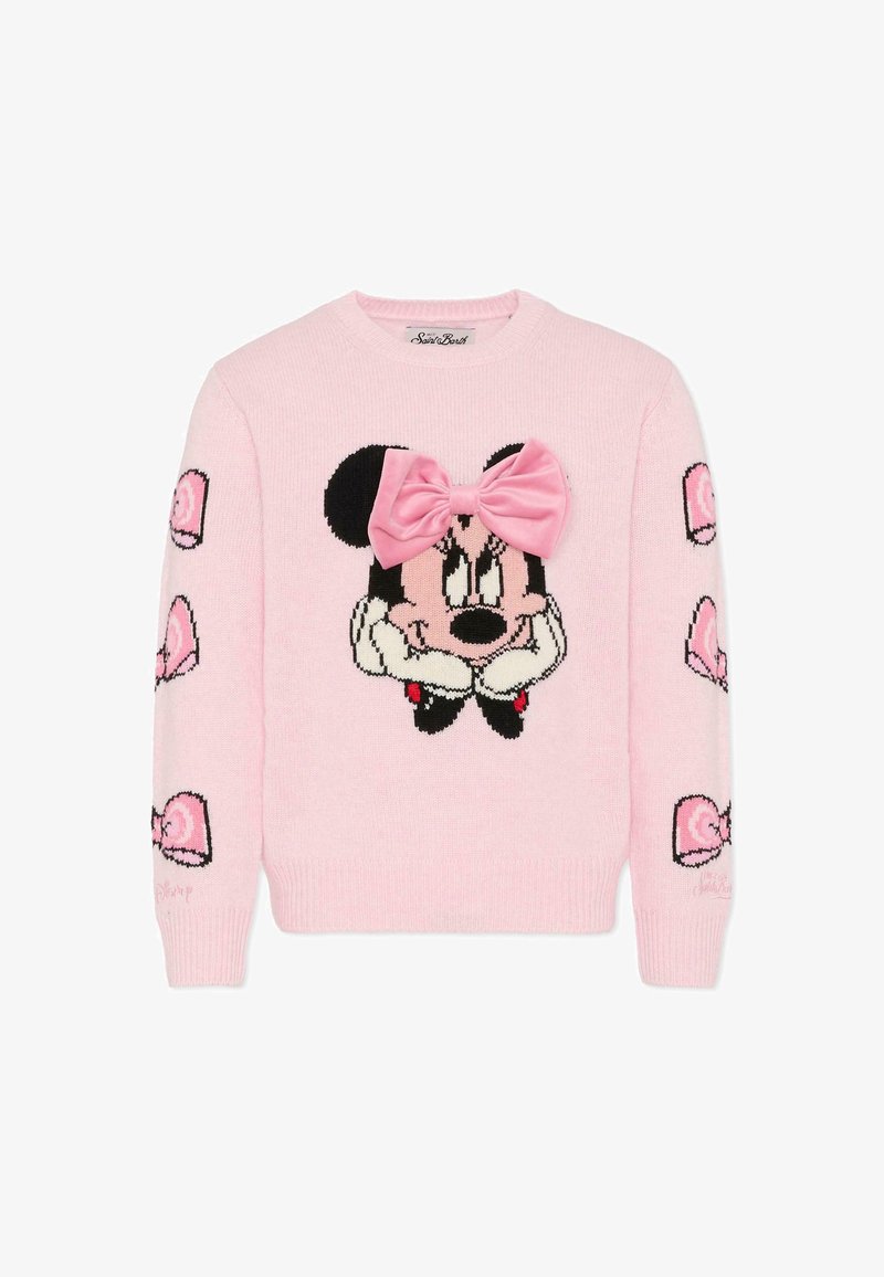 Pull léger rose avec un design de Minnie Mouse brodé sur le devant et un accent de nœud rose. Motifs noirs et roses sur les manches.