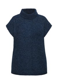 Maglione lavorato a maglia blu navy con colletto alto a coste e maniche corte; tessuto texturizzato con una finitura morbida, che offre una silhouette rilassata.