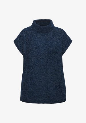 Marineblauwe gebreide trui met een hoge, geribbelde kraag en korte mouwen; textielstof met een zachte afwerking, die een ontspannen silhouet biedt.