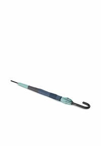Compact umbrella with alternating light blue, dark blue, and gray panels. Features a black curved handle and a black metal shaft.