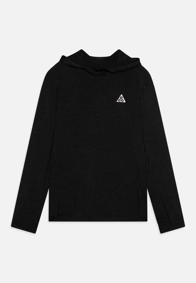Black long-sleeve hoodie with a triangular white logo on the chest, featuring a relaxed fit and smooth fabric texture.
