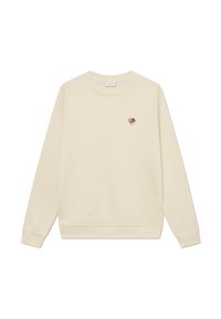 Kremowy sweatshirt z długimi rękawami, ściągaczami przy rękawach i dolnym brzegu. Zawiera małą haftowaną aplikację kwiatową na lewej stronie klatki piersiowej.