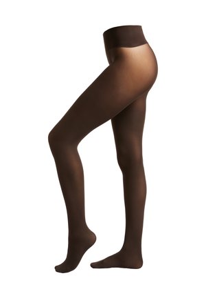 Sheer brown tights with a smooth texture, a high waistband, and a snug fit, transitioning from opaque at the waist to sheer at the top.