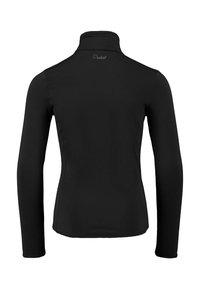 Haut noir à manches longues avec col montant. Fabriqué en tissu lisse et extensible. Présente un logo discret à l'arrière, sans autres détails notables.