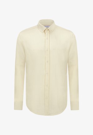 Lichtgele button-up shirt met een gestructureerde kraag, lange mouwen en een rechte zoom. De stof lijkt soepel en lichtgewicht met een subtiele textuur.