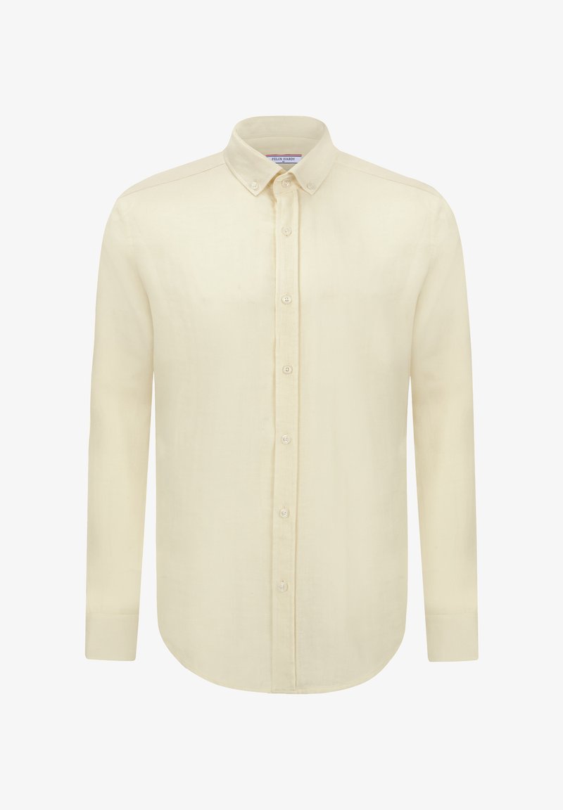 Camicetta button-up gialla chiara con colletto strutturato, maniche lunghe e orlo dritto. Il tessuto appare liscio e leggero con una sottile texture.