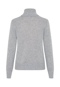 Pull en tricot gris avec un col haut, des manches longues et un ourlet côtelé. Texture douce et motif uniforme sur toute la surface.