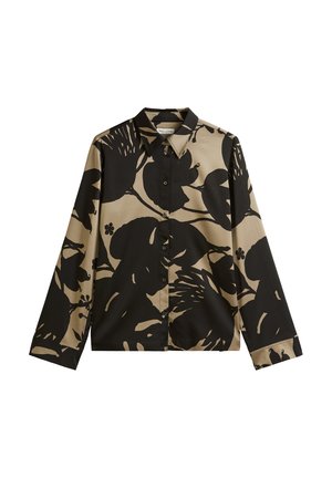 Camicia a maniche lunghe color beige con grandi motivi floreali neri, caratterizzata da un colletto a punte e una chiusura frontale con bottoni. Tessuto morbido e liscio.