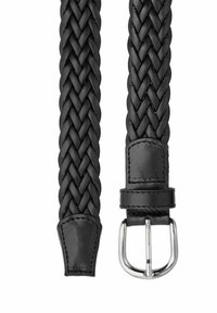 Zwarte gevlochten leren riem met een glad leren uiteinde en een zilveren metalen gesp. Heeft een gestructureerd vlechtpatroon en een minimalistisch design.