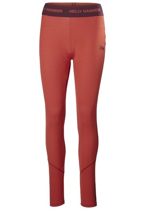 Rote, eng anliegende Sportleggings aus strukturiertem Stoff. Mit einem dunklen Taillenbund mit dem "Helly Hansen"-Logo und dezenten Nähdetails.