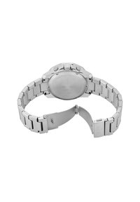 Reloj de acero inoxidable plateado con caja redonda, pulsera de eslabones y acabado pulido. Presenta un cierre desplegable y una parte posterior grabada.