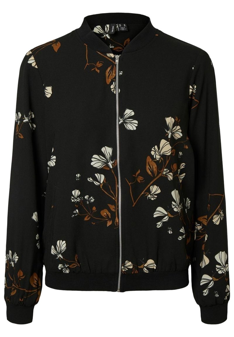 Svart bomberjacka med vitt och brunt blommönster, dragkedja fram, ribbade muddar och nederkant, tillverkad av mjukt tyg, något avslappnad passform.