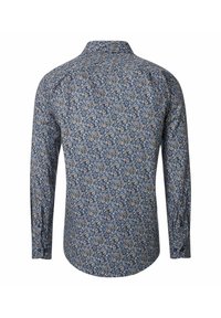 Langärmliges Hemd aus navyfarbener Stoff mit einem floralen Muster in Blau- und Beigetönen, klassischem Kragen und geknöpften Manschetten.