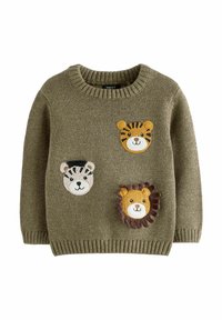 Olijfgroene gebreide trui met een geribbelde ronde hals, versierd met geborduurde dierengezichten: tijger, panter en leeuw in verschillende kleuren.
