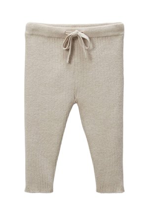 Leggings beiges à côtes avec une taille à cordon, présentant une texture douce et un design ajusté. Se resserrent légèrement aux chevilles.