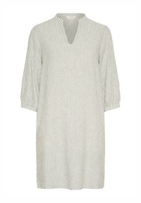 Gestreiftes Tunika-Kleid in Hellgrau und Weiß, mit V-Ausschnitt, 3/4-Ärmeln und lockerer Passform. Hergestellt aus leichtem, strukturiertem Stoff.