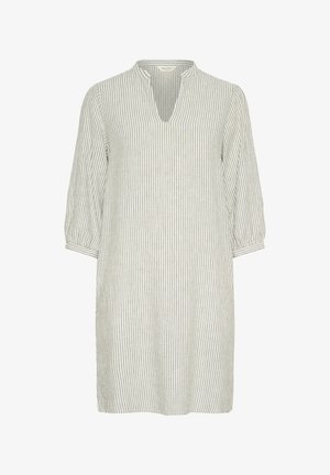 Gestreiftes Tunika-Kleid in Hellgrau und Weiß, mit V-Ausschnitt, 3/4-Ärmeln und lockerer Passform. Hergestellt aus leichtem, strukturiertem Stoff.