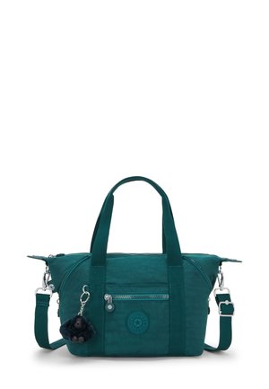 Borsa in tessuto turchese con doppio manico superiore, tracolla removibile, chiusura con zip, tasca frontale e accessorio portachiavi peloso.