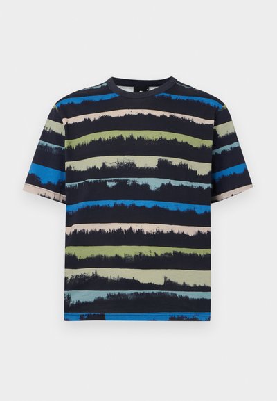 T-shirt κοντής μανίκας με οριζόντιες ρίγες σε μαύρο, πράσινο, μπλε και μπεζ, με λαιμόκοψη crew και χαλαρή εφαρμογή. Υλικό από βαμβάκι.