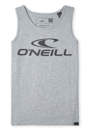 Lys grå ærmeløs tanktop med sort O'Neill-logo og bølgegrafik centreret på brystet, almindelig pasform, mærke synligt inde i kraven.