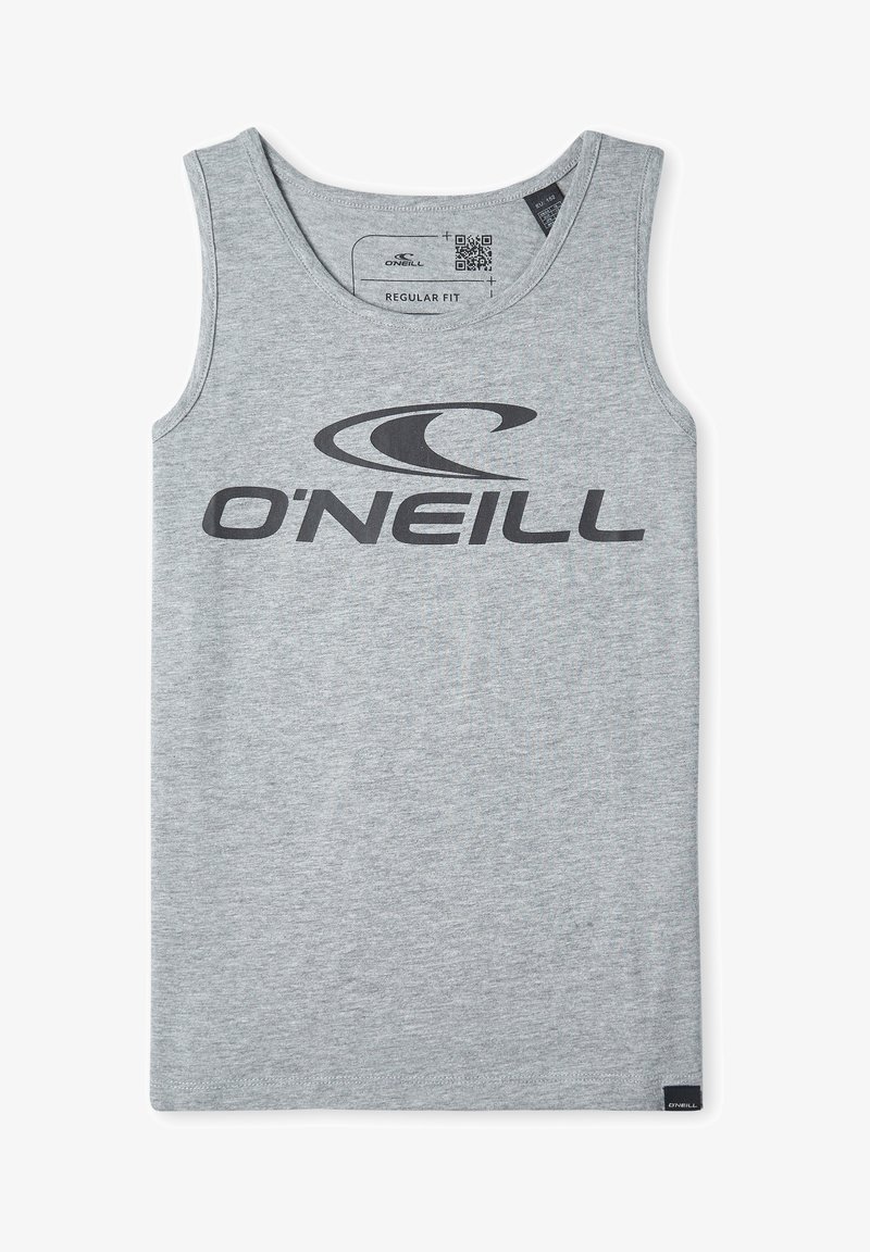 Débardeur gris clair sans manches avec logo O'Neill noir et motif de vague centré sur la poitrine, étiquette de coupe régulière visible à l'intérieur du col.