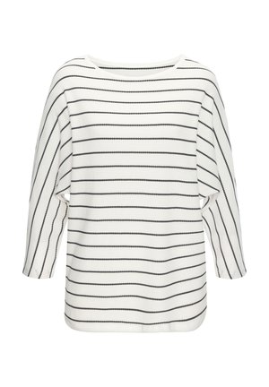 Weißes Oberteil mit schwarzen horizontalen Streifen, lockere Passform, weiter Ausschnitt und Dreiviertelärmeln. Strukturierter Stoff mit lässigem Design.