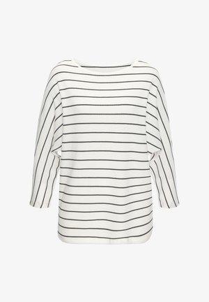 Weißes Oberteil mit schwarzen horizontalen Streifen, lockere Passform, weiter Ausschnitt und Dreiviertelärmeln. Strukturierter Stoff mit lässigem Design.