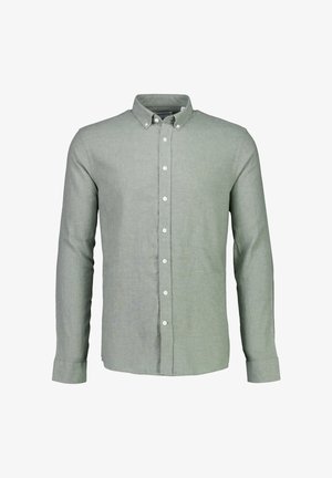 Camicia verde chiaro a maniche lunghe con bottoni, realizzata in tessuto strutturato, con colletto abbottonato e bottoni bianchi lungo la patta anteriore.