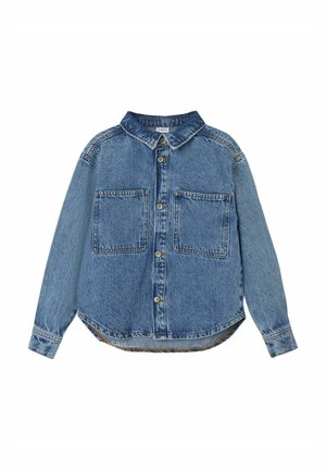Blauwe denim blouse met knoopsluiting, lange mouwen, twee borstzakken aan de voorkant en een klassieke kraag.