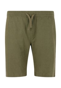 Oliivinvihreät shortsit, jotka on valmistettu kevyestä kankaasta. Niissä on joustava vyötärönympärys ja kiristysnauha. Yksinkertainen muotoilu ja polvipituinen leikkaus.