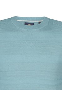 Lichtblauw gebreid sweater met ronde hals, met gestreepte textuur en een soepele afwerking. Etiket zichtbaar aan de binnenkant met de letter "M."