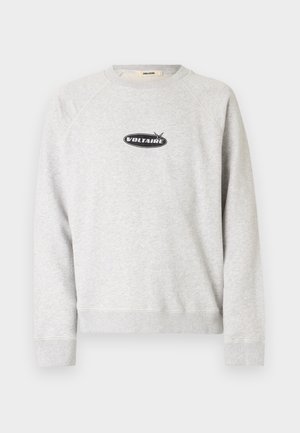 Gray sweatshirt with raglan sleeves, ribbed cuffs, and hem. Features a central black "VOLTAIRE" logo inside an oval. Soft texture.