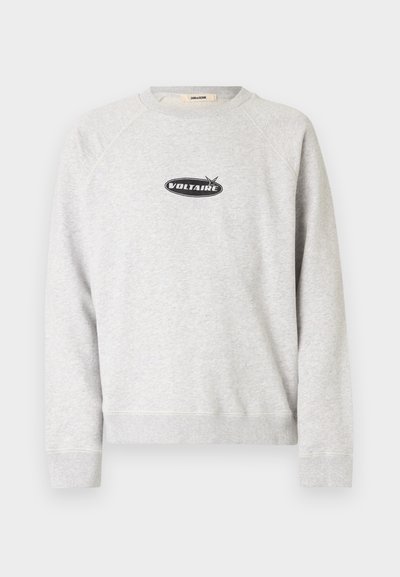 Gray sweatshirt with raglan sleeves, ribbed cuffs, and hem. Features a central black "VOLTAIRE" logo inside an oval. Soft texture.