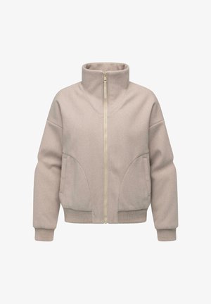 Beige zip-up jacket made of soft fabric, featuring a high collar, ribbed cuffs, and two side pockets with rounded edges.