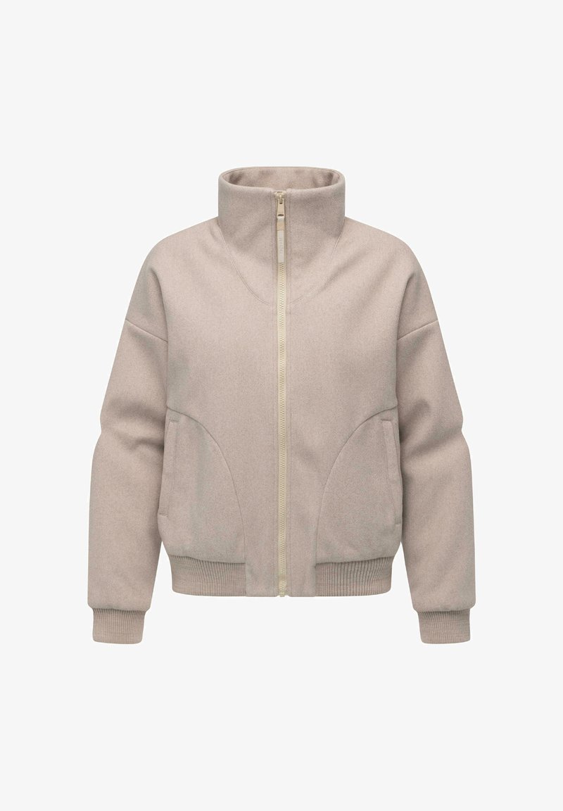 Beige zip-jakke lavet af blødt stof, med høj krave, ribbede manchetter og to sidelommer med runde kanter.