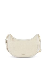 Hobo tas met een crèmekleurige geweven stof buitenkant, leren afwerking, zijrits en verstelbare band. Accenten van gouden hardware.
