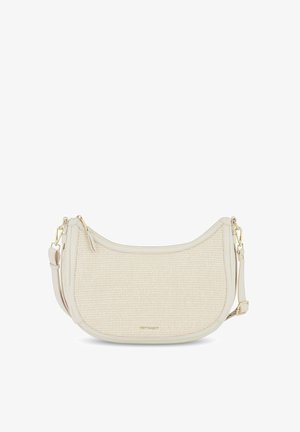 Hobo tas met een crèmekleurige geweven stof buitenkant, leren afwerking, zijrits en verstelbare band. Accenten van gouden hardware.