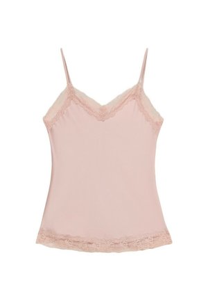 Helles rosa Top aus weichem Stoff, mit verstellbaren Trägern und feiner Spitzeneinfassung entlang des Ausschnitts und Saums.