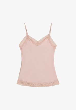 Camisole di un rosa pallido realizzata in tessuto morbido, con spalline regolabili e un delicato bordo in pizzo lungo il colletto e l'orlo.