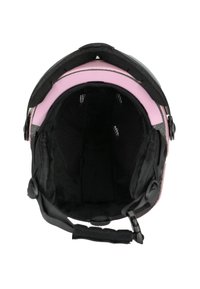 Schwarzes und pinkfarbenes Helm-Innere mit weicher Polsterung, Netzfutter, verstellbaren Riemen und Befestigungsbeschlägen. Kreisförmige Öffnung oben.