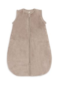 Sac de couchage beige sans manches pour bébé, avec fermeture éclair à l'avant et fond arrondi, fabriqué en tissu doux.