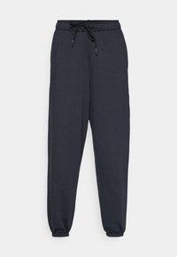 Dunkelgraue Jogginghosen mit einem elastischen Bund, Kordelzug und elastischen Bündchen an den Knöcheln. Weicher Stoff mit einem minimalistischen Design.