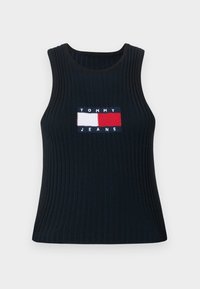 Ribbed navy tank top with a round neck, featuring an embroidered red, white, and blue logo patch reading "TOMMY JEANS" on the front.