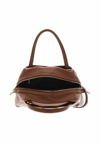Sac en cuir marron avec une fermeture éclair sur le dessus, deux poignées et un intérieur spacieux noir. Idéal pour un usage quotidien.